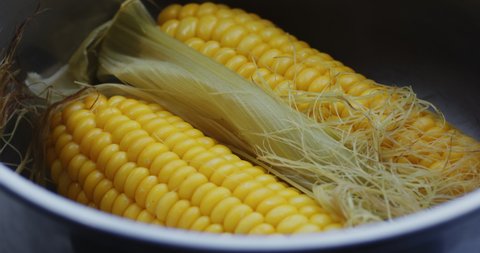 Close-up of ears of freshly cooked fresh corn 