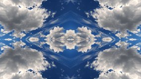 4k time lapse video of daramatic sky with moving clouds and reflection mirror effect as in a kaleidoscope. Beautiful fractal pattern of dramatic sky with changing weather.