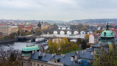 Prague Aerial view and Charles bridge Day to Night Time Lapse, Czech Republic