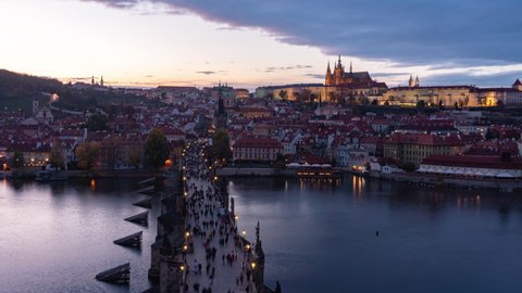 Prague Aerial view and Charles bridge Day to Night Time Lapse, Czech Republic