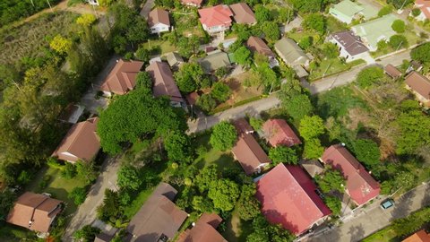 Muak Klek , Saraburi , Thailand - 04 18 2021: Village aerial view, Muak Klek, Saraburi, Thailand; a reverse aerial footage of a village revealing rooftops, streets, cars, a lovely community from above