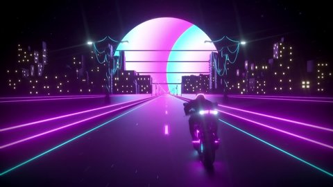 3D Cyberpunk Synthwave Motorcycle Rider in the City VJ Loop Background