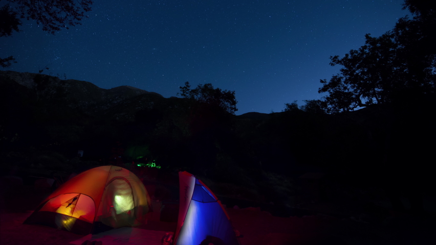 Startrails Over Campground Tents Mountain Forest California USA Astrophotography Time Lapse