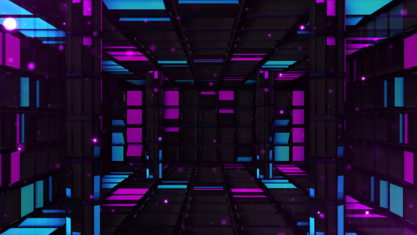 Abstract pink and blue box and pillar in wall room visualization. Particle light glittering with Tunnel background. Digital Art. Computer animation. Modern background. motion design. Loopable. LED. 4K