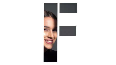 portrait of a girl behind stencil letter F. entire alphabet available.-