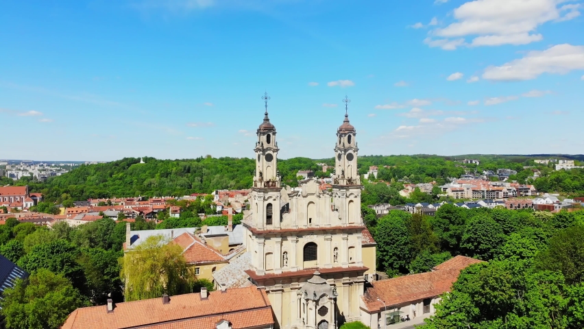Zoom in view Catholic Church of ascension in capital city Vilnius, Lithuania. Historical landmark attraction destination. Unesco heritage site Lithuania. Royalty-Free Stock Footage #1074770213