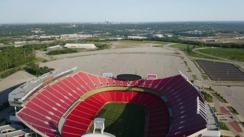 Kansas City , Missouri , United States - 06 13 2021: Drone Flies Backwards to Reveal Arrowhead Stadium, Home of the Kansas City Chiefs Football Team