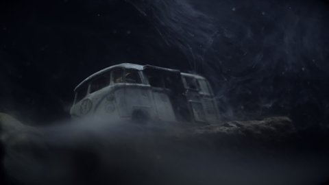 Mist descends on abandoned Volkswagen van in creepy landscape