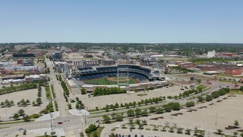 Omaha , Nebraska , United States - 06 12 2021: Aerial Establishing Shot of TD Ameritrade Park, Home of the Creighton Bluejays and the NCAA Men's College World Series Tournament