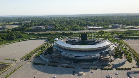 Kansas City , Missouri , United States - 06 13 2021: Aerial Establishing Shot of Kauffman Stadium in Kansas City, Missouri. Home to the Kansas City Royals MLB Team