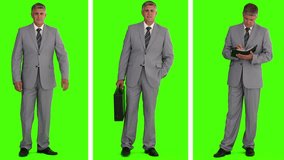 Chromakey footage of three different situations where we can see a businessman in  a gray suit