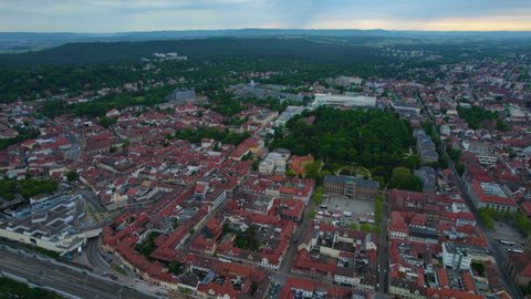 Aerial view of the city Erlangen in Germany, on a cloudy morning in spring.