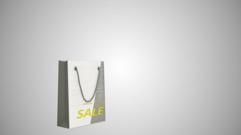 shopping bag design.discount shopping.sale 3d.sale bag.discounts and promotions.gift bag.3d animation falling bag.sale signs.4k.trademark symbol,sign