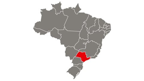 Sao Paulo federative unit blinking red highlighted in map of Brazil