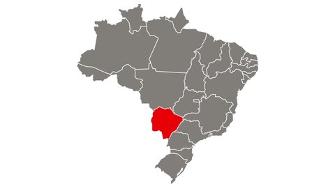 Mato Grosso do Sul federative unit blinking red highlighted in map of Brazil