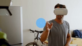 Animation of network of connections with icons over man wearing vr headset. global technology, social media and connections concept digitally generated video.
