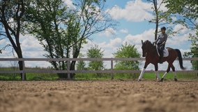 Competitive woman riding on a dark bay horse. Horse running along the wooden fence in the sandy arena during the daytime. Girl wearing safety helmet preparing for the competition.  - Powered by Shutterstock - Get 15% off with code: PIKWIZARD15