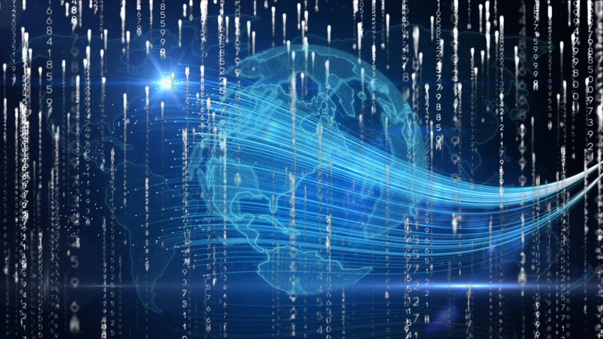 Light trails falling over digital waves and spinning globe on blue background. global networking and business technology concept - Powered by Shutterstock - Get 15% off with code: PIKWIZARD15