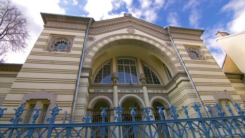 THE CHORAL SYNAGOGUE OF VILNIUS, LITHUANIA - SUMMER 2021. Static footage of The Choral Synagogue of Vilnius. Blue sky with clouds in the background