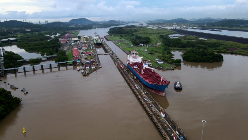 Beautiful cinematic aerial footage of the Panama Canal and the Miraflores Locks	 | Shutterstock HD Video #1074820028