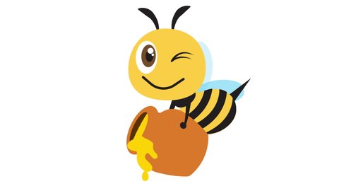 Animation cartoon of smiling cute bee carrying honey pot with honey dripping out. White background