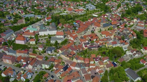 Aerial view of the city Burgkunstadt in Germany on a cloudy day in spring.