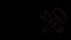 Glowing neon line Crossed hammer and wrench icon isolated on black background. Hardware tools. 4K Video motion graphic animation.