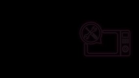 Glowing neon line Microwave oven with screwdriver and wrench icon isolated on black background. Adjusting, service, setting, maintenance, repair, fixing. 4K Video motion graphic animation.