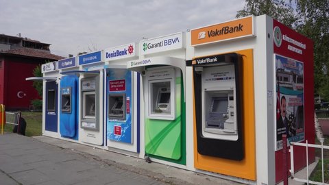 ANKARA, TURKEY - July 24, 2021: Colorful ATM machines at outside from Ankara.