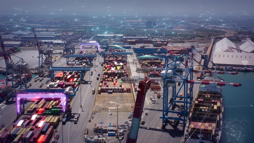 Aerial view of Futuristic Port with 5G network and technology data communication, technology concept, Aerial shot with artificial intelligence, digital network Royalty-Free Stock Footage #1074828599