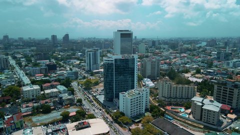 Victoria Island Lagos, Nigeria - 24 June 2021: Drone view of major roads and traffic in Victoria Island Lagos showing the cityscape, offices and residential buildings.