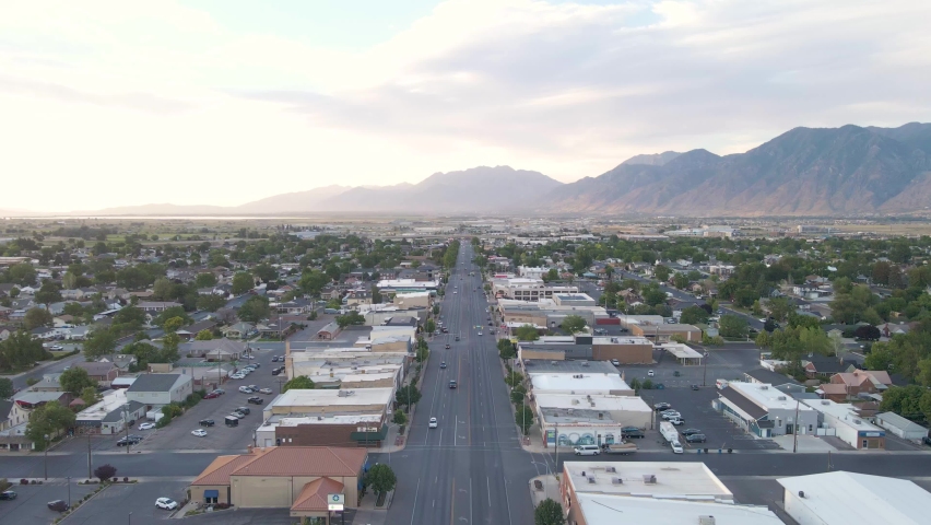Main Street in the Small Town of Spanish Fork, Utah - Aerial View at Sunset