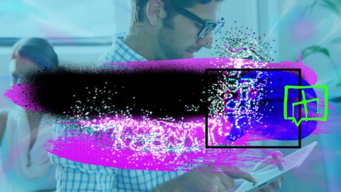 Animation of vibrant digital squiggles over man using tablet. global technology, connections and digital interface concept digitally generated video.