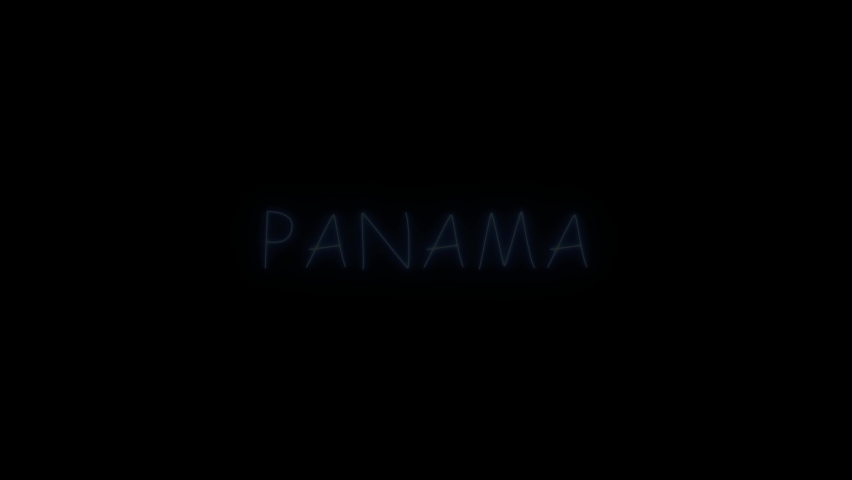 Neon flickering blue country name Panama in on a black background.
