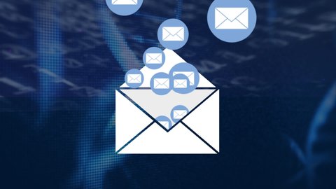 Message icons coming out of envelope against dna structure and binary coding on blue background. social media networking and medical research technology concept