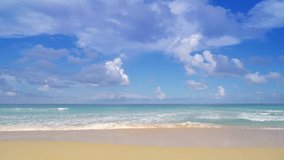 Phuket beach sea sand and sky. Beautiful Landscape view of beach sea in summer day. Beach sand space area. At Karon Beach, Phuket, Thailand. On 18 June 2021. 4K UHD. Video Clip