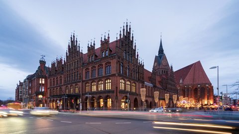 Hannover cityscape Church and Old Town Hal Day to Night Time Lapse, Hannover, Germany