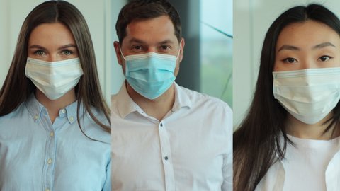 Collage portrait of multiethnic male and female in protective medical mask office workers at office. Portrait of multiethnic young professionals at workplaces at team meeting. Multiscreen footage.