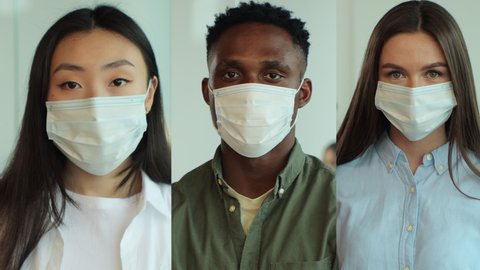 Group of mixed race people in protective medical mask in the workplace. Health and safety concept, infection, COVID-19, virus protection, pandemic. Multiscreen footage. Split screen variation.