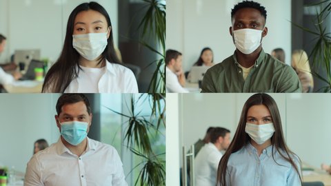 Multiscreen montage, split screen collage of mixed race people wearing protective medical mask in the workplace. Multiscreen footage. Split screen variation.