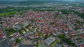 Aerial view of the city Forchheim in Germany, on a cloudy morning in spring.
