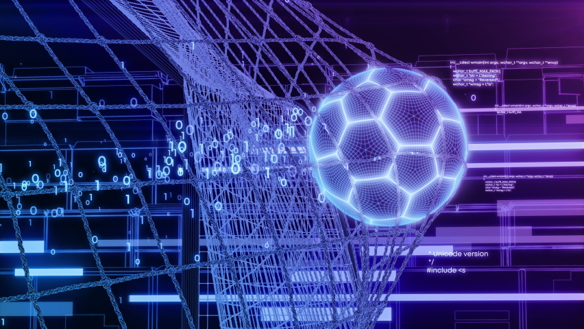 Goal Moment in Abstract Computer Game. Beautiful Styled Computer Graphics Football Ball Flying into Goal Net in Slow Motion. Digital Pattern 3d Animation Grid Mesh Look Cyber Sport Concept 4k UHD.  - Powered by Shutterstock - Get 15% off with code: PIKWIZARD15