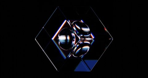 3D abstract loop animation with metamorphoses of geometric shapes on a black background. The glass ball turns into a glass cube. Infinite animation. Satisfying calm video with shape morphing.