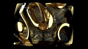 3d render video loop animation with surreal 3d cube in deformation transformation process in curve wavy organic biological lines forms in liquid gold metal and glass material on black background
