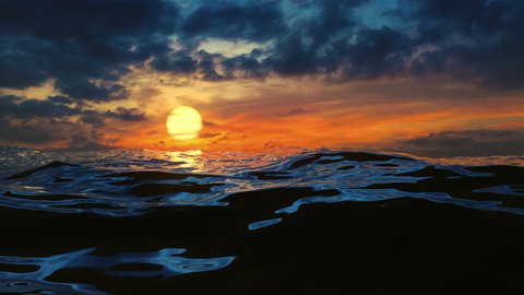 3d animation of ocean waves and sun set in 4k. High quality 4k footage