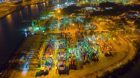 night illumination singapore city famous container port bay aerial timelapse topdown panorama 4k