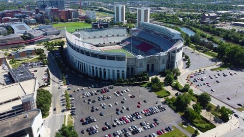 Columbus , OH , United States - 06 21 2021: Ohio Stadium on the campus of Ohio State University, home of the Ohio State Buckeyes football team, in Columbus Ohio. Aerial drone.