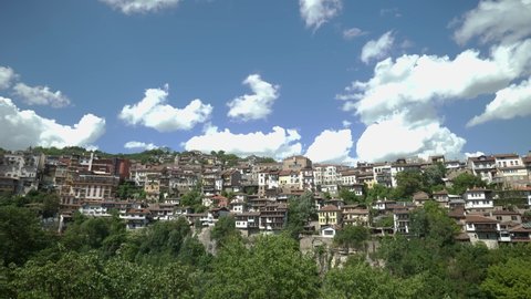 Veliko Tarnovo , Veliko Tarnovo , Bulgaria - 06 23 2021: Steeply stacked buildings of Veliko Tarnovo, Bulgaria