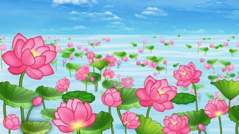Beautiful pastel lotus lake visualization. with blue clouds sky cartoon vector background. Digital Art. Computer animation. Modern background. motion design. Loopable. LED. 4K