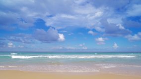 4096x2304p. 29.97FPS. Phuket beach sea sand and sky. Beautiful Landscape view of beach sea in summer day. Beach sand space area. At Karon Beach, Phuket, Thailand. On 22 June 2021. 4K UHD. Video Clip